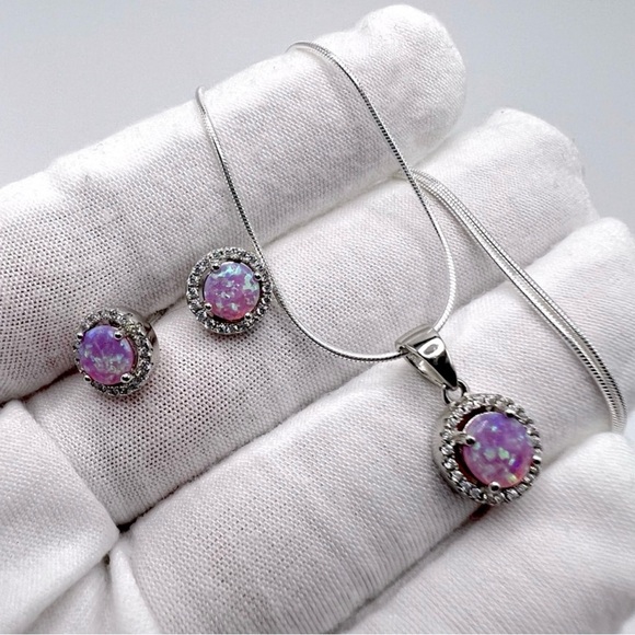 Halo Pink Fire Opal Cz & Clear Cz .925 Sterling Silver Earring & Necklace Set - Picture 5 of 17